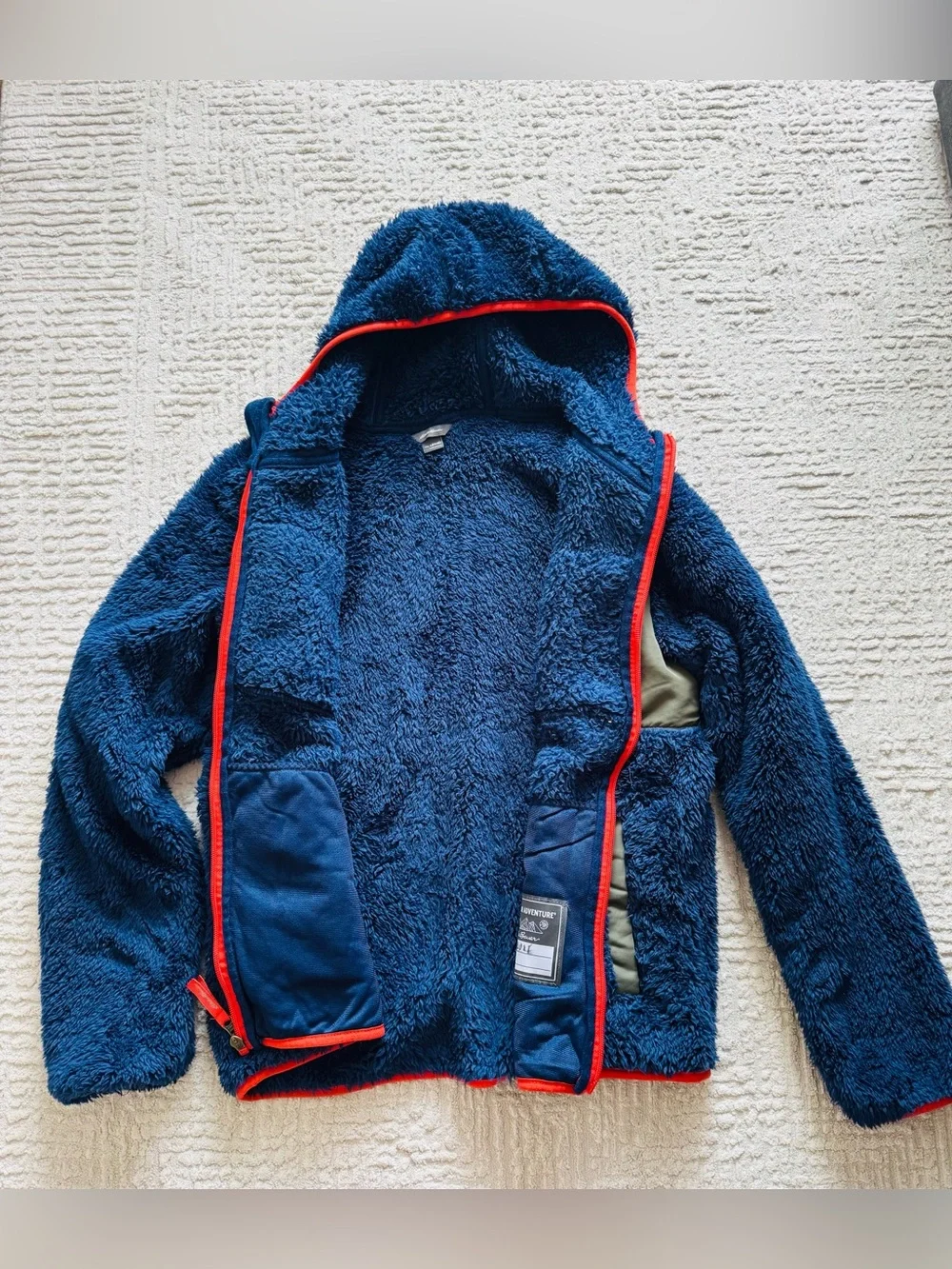Eddie Bauer Navy Sherpa Hoodie with Olive Panels and Orange Trim